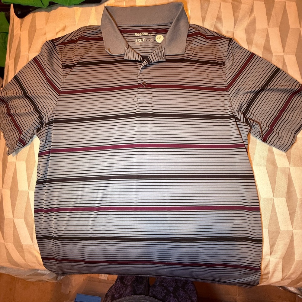 Reebok Men's Polo Shirt - Gray, Black, and Red Stripes